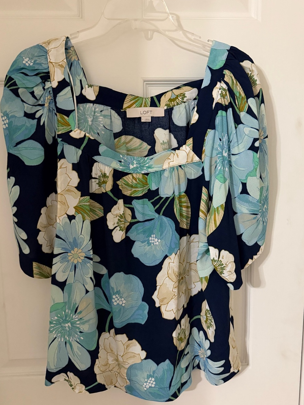 LOFT Navy Floral Puff-Sleeve Square Neck Top